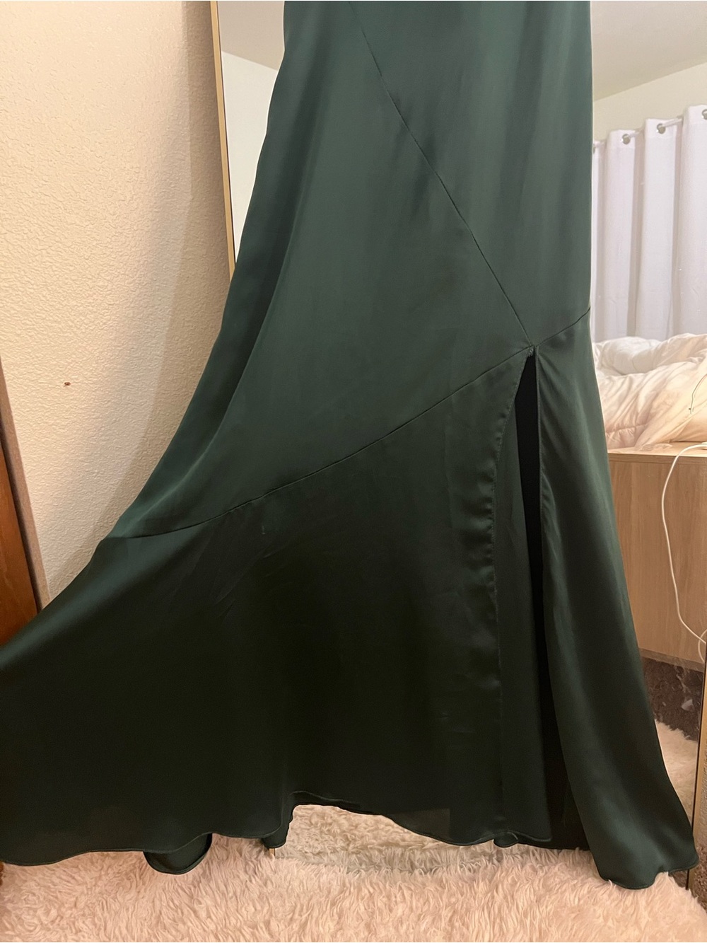 DRESS FORUM Emerald Green Satin Midi Slip Dress with High Slit - Picture 6 of 9